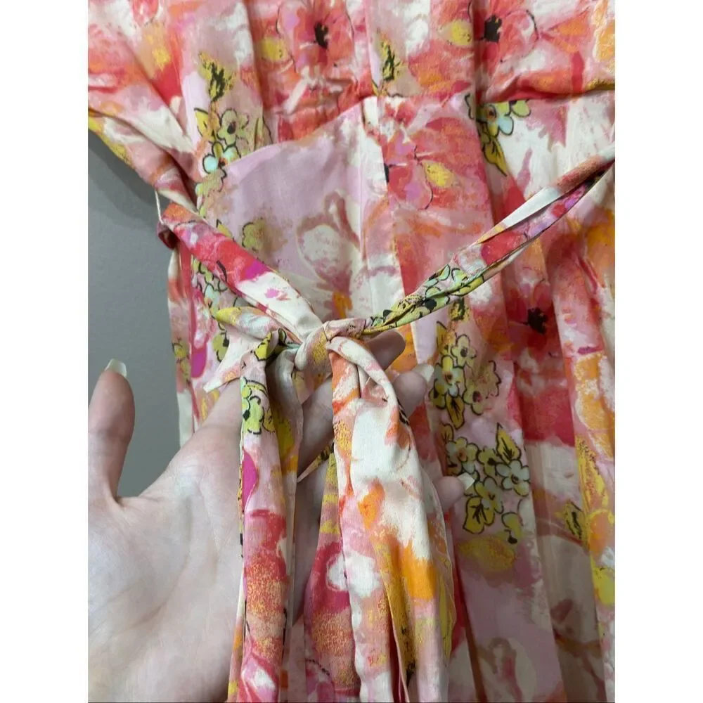 NWT Free People Freddy Pink Floral Print Short Sleeve Tie Mini Dress Women's XS